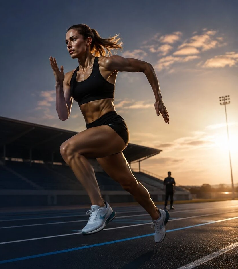Athlete running on an outdoor track at sunset