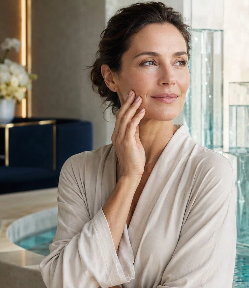 Woman in a bright wellness setting, illustrating AURA's interest in skin biology