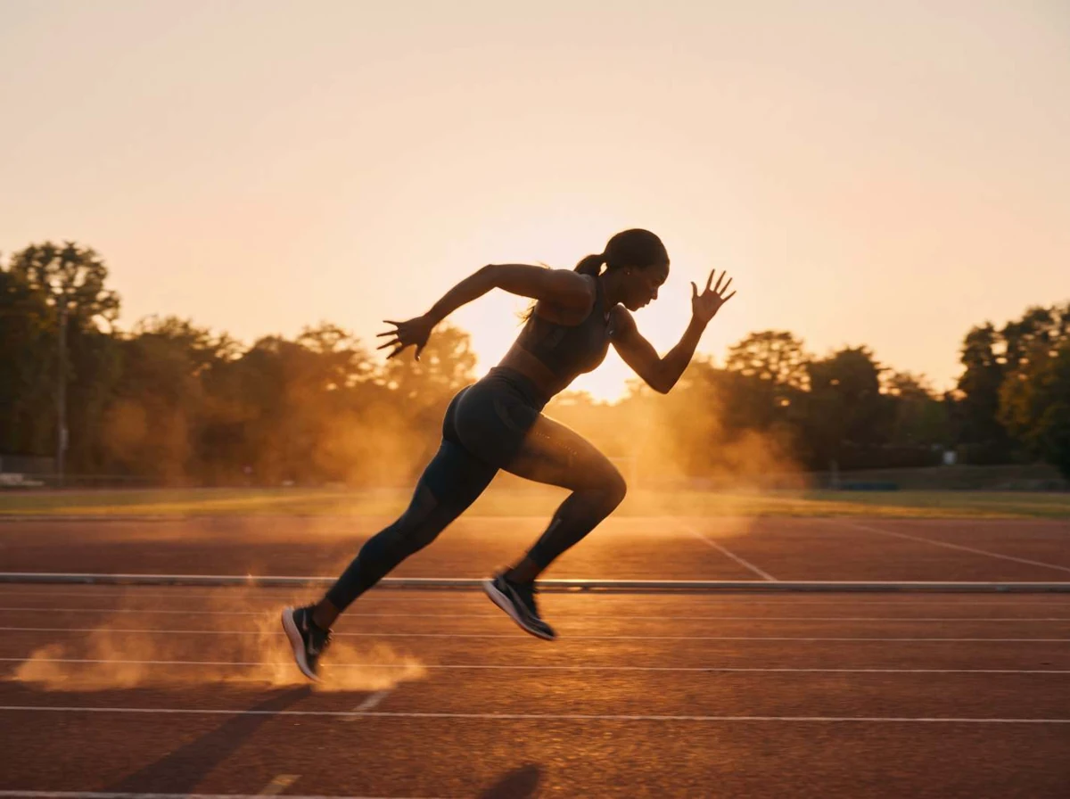 Athlete sprinting on a track, illustrating muscular effort and exercise capacity