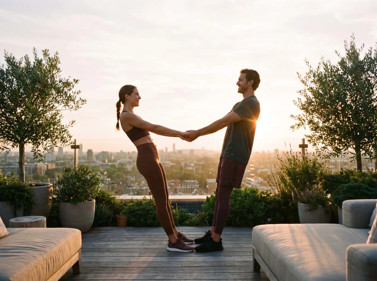 Two adults stretching together on a terrace in warm evening light