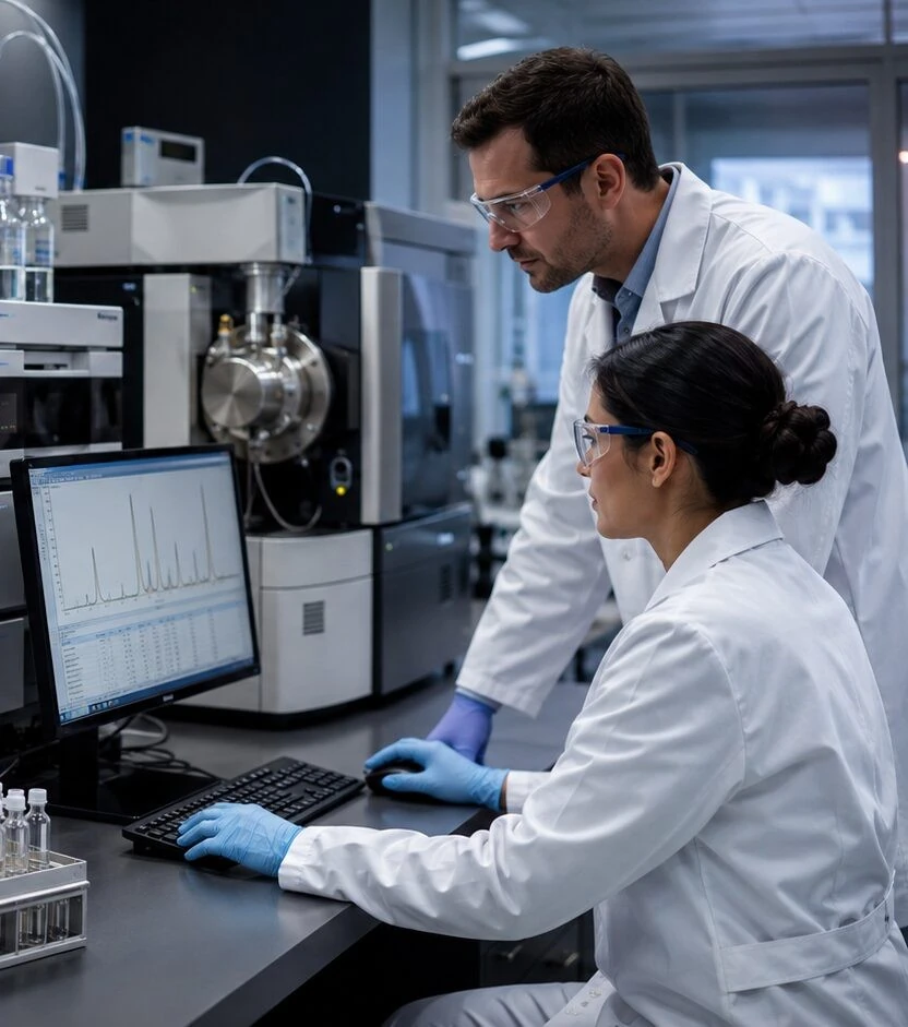 Illustrative laboratory with researchers and analytical instruments
