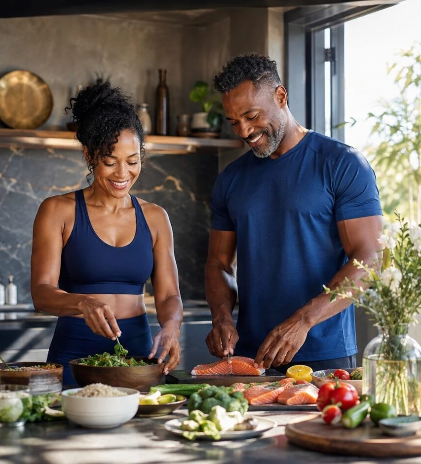 Two adults preparing a fresh meal together, illustrating nutrition within weight management